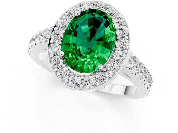 White gold Oval Cut Emerald Halo Ring with Round Pavé Split Shank and Prong Setting