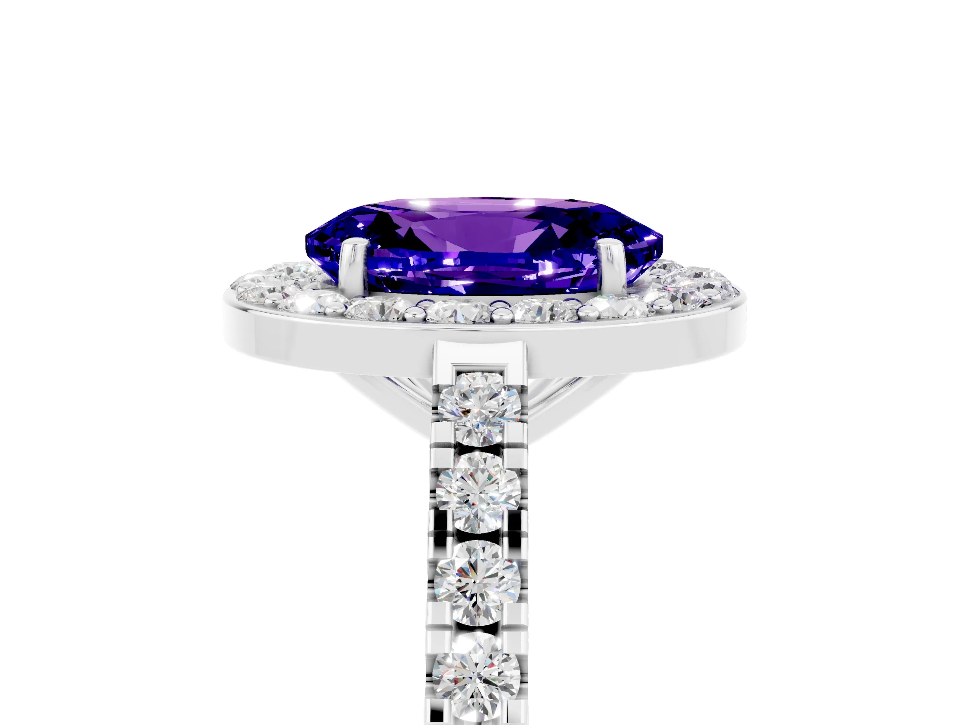White gold Oval Cut Halo Diamond Ring with Pavé Band and Three-Prong Setting_13