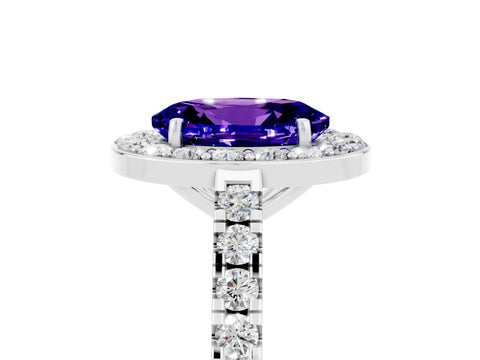 White gold Oval Cut Halo Diamond Ring with Pavé Band and Three-Prong Setting_13