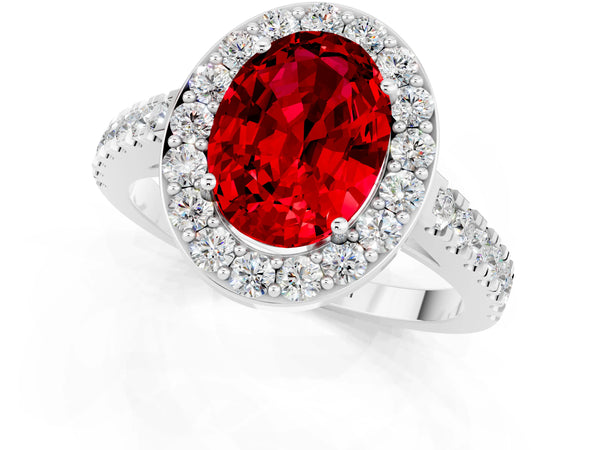 Silver Oval Cut Ruby Halo Ring with Round Pavé Split Shank and Prong Setting