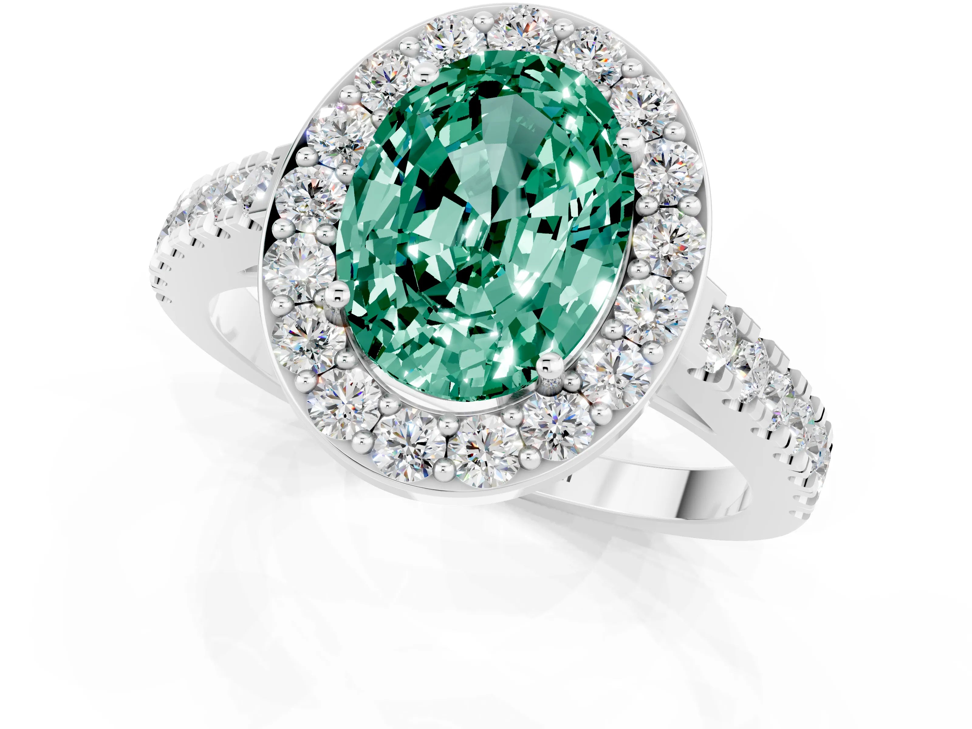 White gold Oval Cut Halo Diamond Ring with Pavé Band and Three-Prong Setting_13