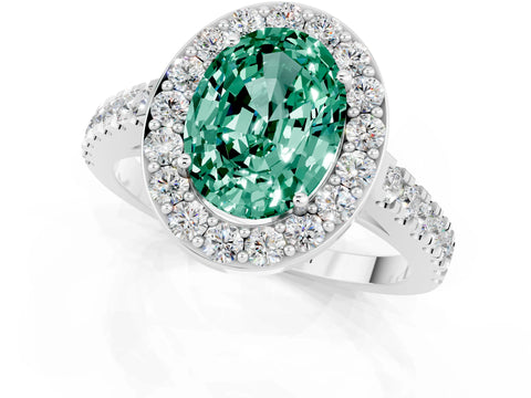 White gold Oval Cut Halo Diamond Ring with Pavé Band and Three-Prong Setting_13
