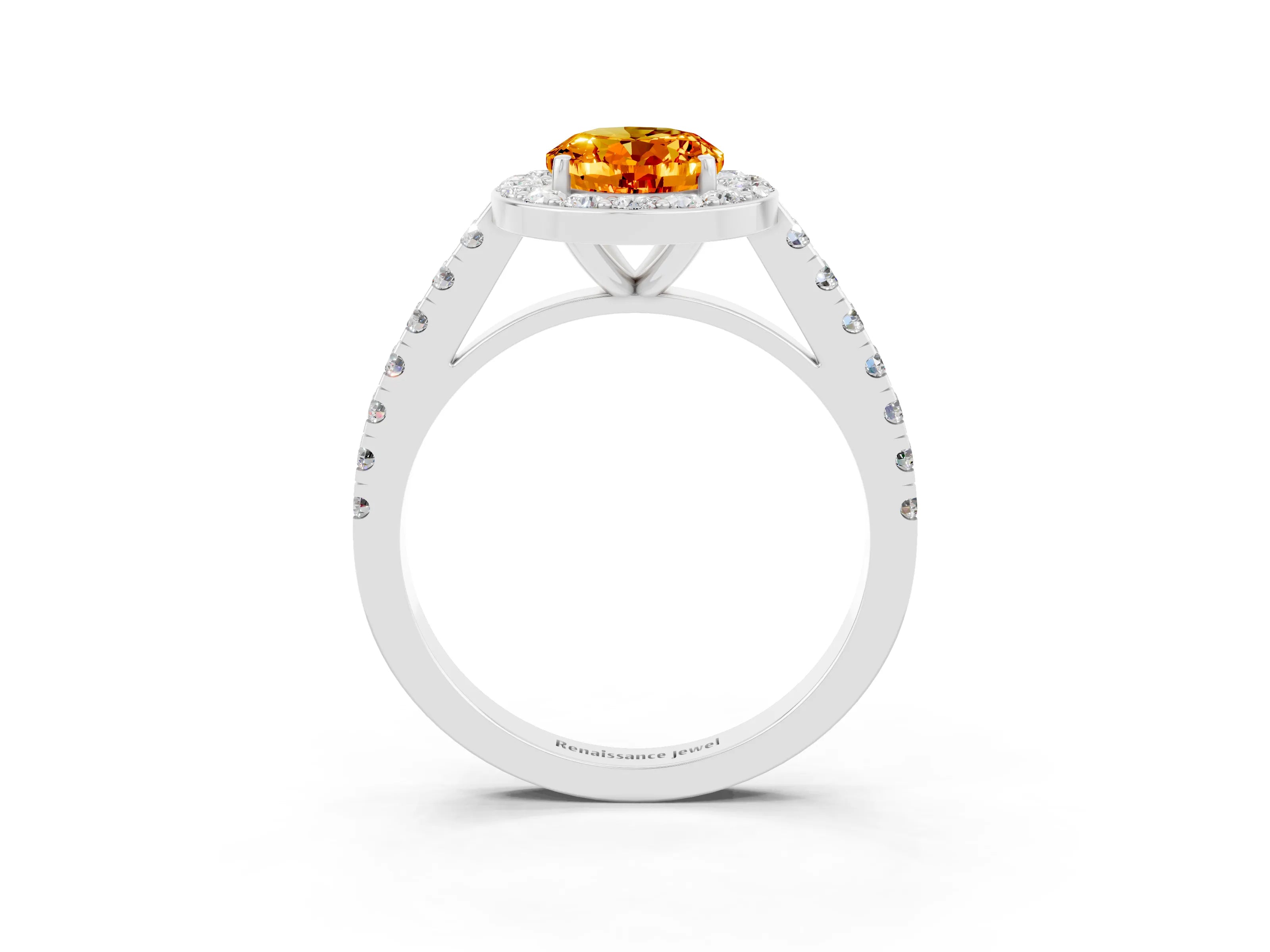 White gold Oval Cut Halo Diamond Ring with Pavé Band and Three-Prong Setting_13