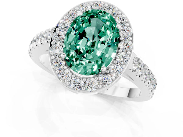 Platinum Oval Cut Green Sapphire Halo Ring with Round Pavé Split Shank and Prong Setting
