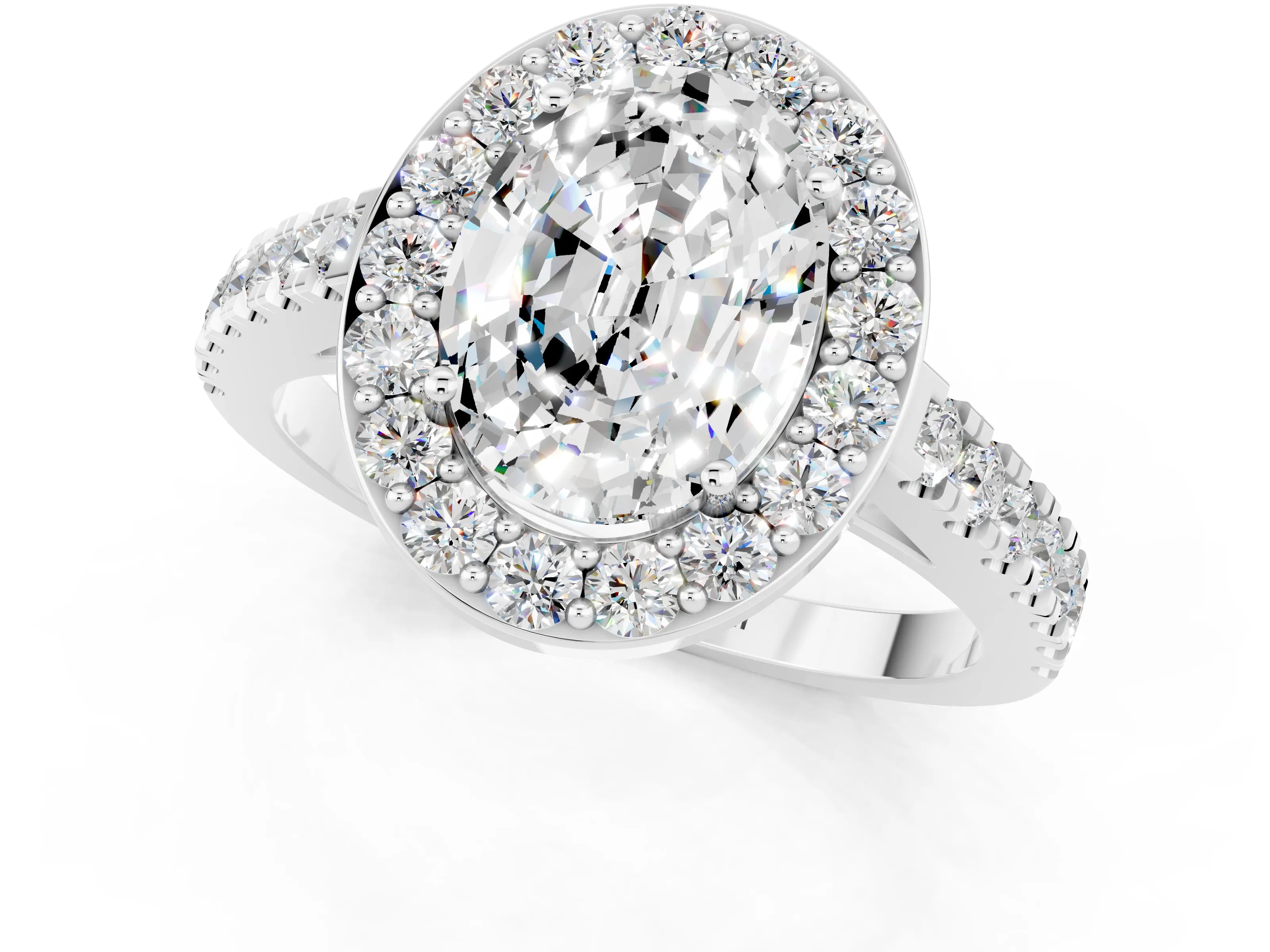 White gold Oval Cut Halo Diamond Ring with Pavé Band and Three-Prong Setting_13