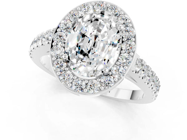 Silver Oval Cut Moissanite Halo Ring with Round Pavé Split Shank and Prong Setting