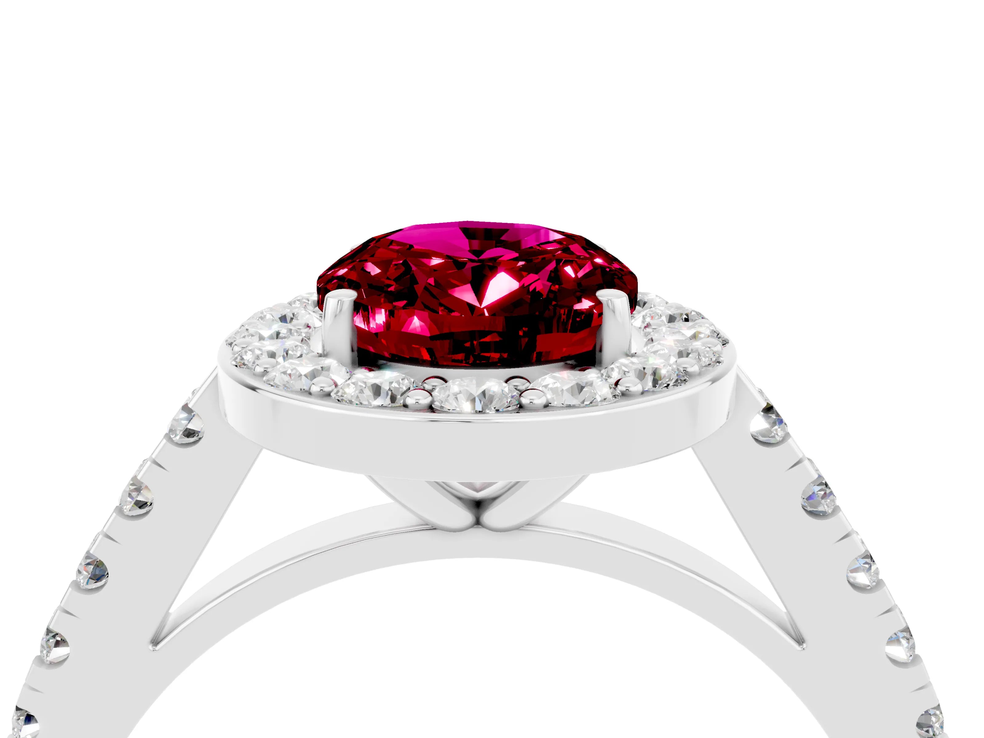 White gold Oval Cut Halo Diamond Ring with Pavé Band and Three-Prong Setting_13