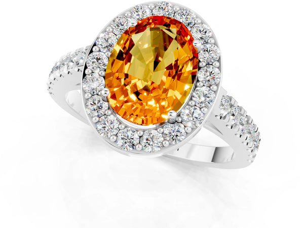 Platinum Oval Cut Citrine Halo Ring with Round Pavé Split Shank and Prong Setting