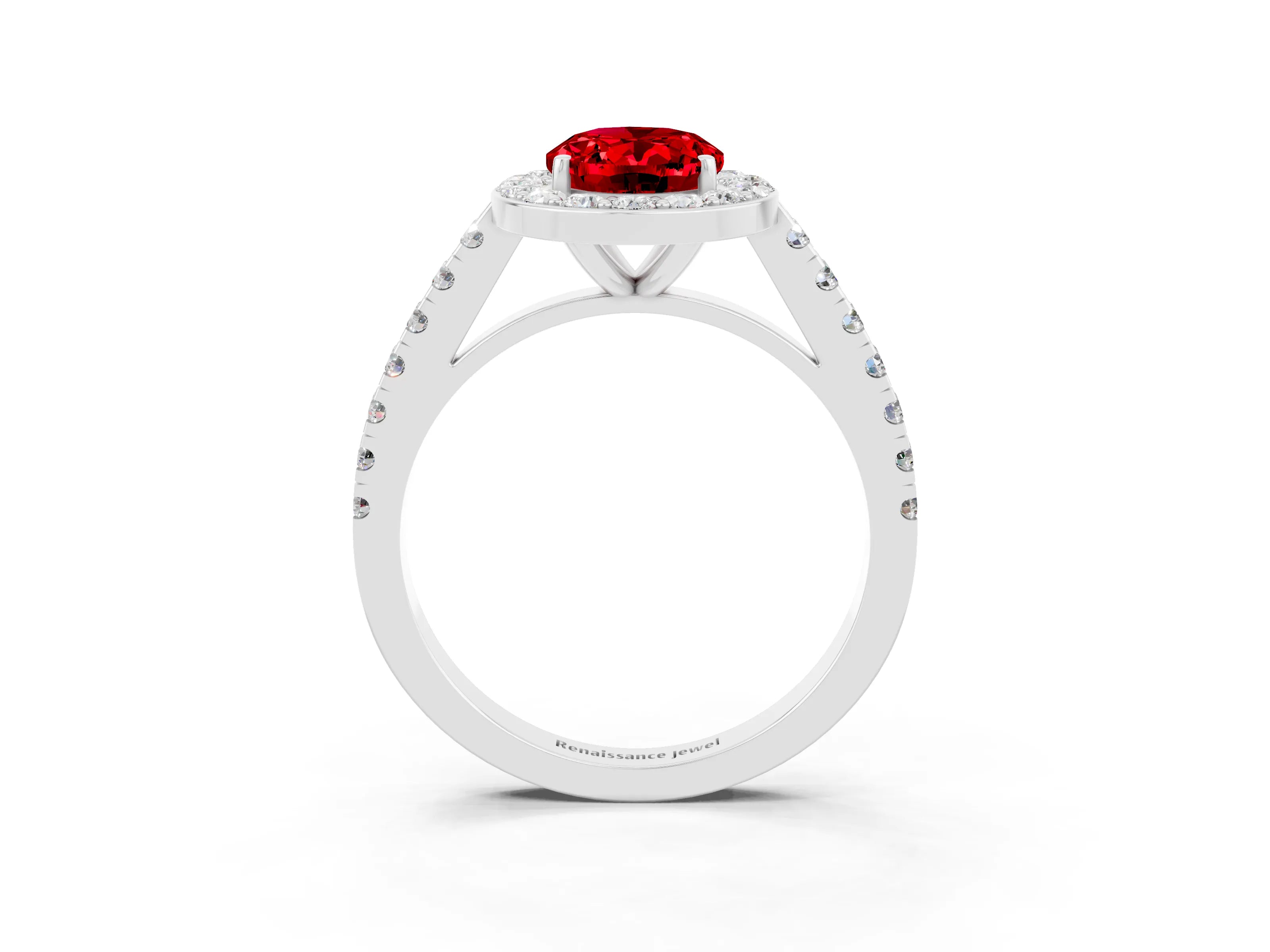 White gold Oval Cut Halo Diamond Ring with Pavé Band and Three-Prong Setting_13