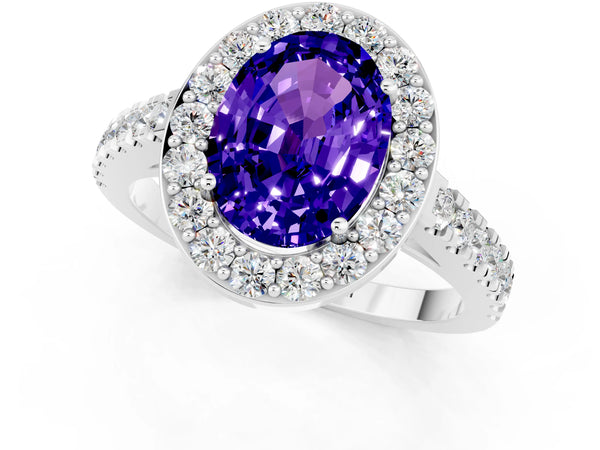 Platinum Oval Cut Tanzanite Halo Ring with Round Pavé Split Shank and Prong Setting