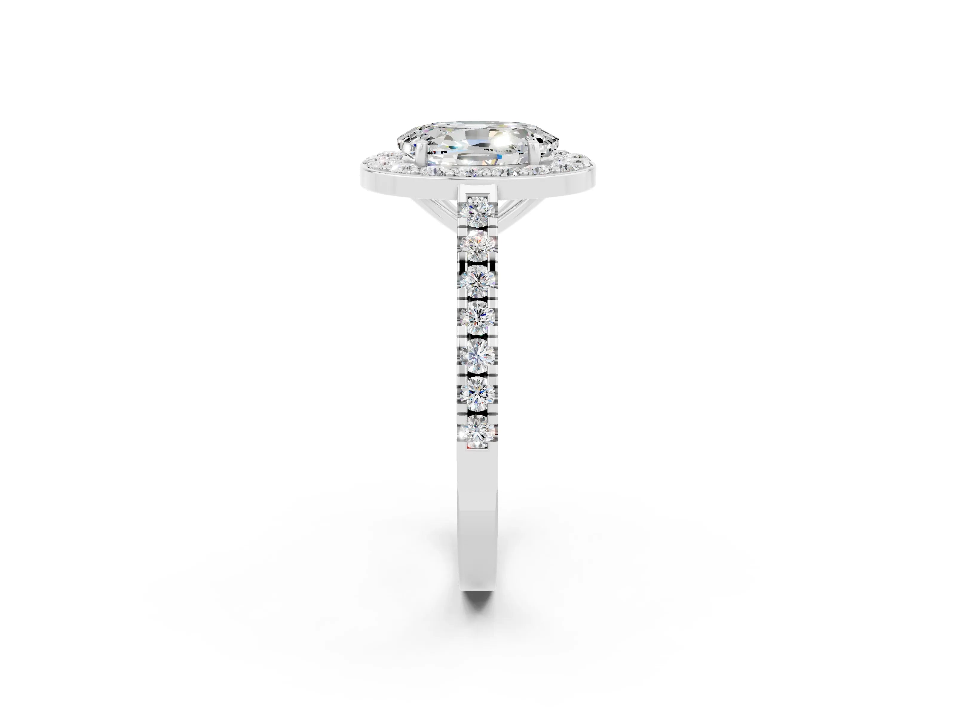 White gold Oval Cut Halo Diamond Ring with Pavé Band and Three-Prong Setting_14