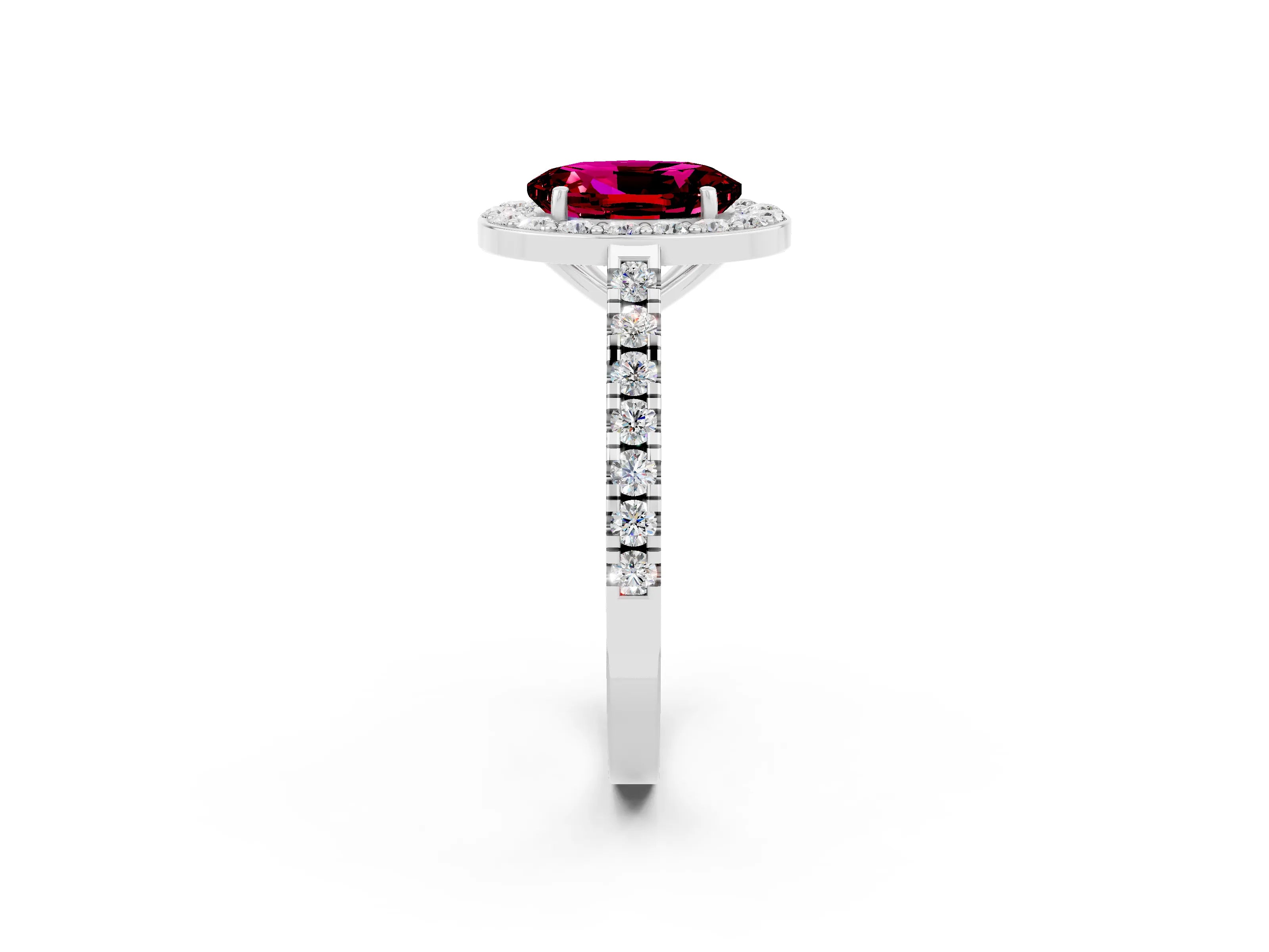 White gold Oval Cut Halo Diamond Ring with Pavé Band and Three-Prong Setting_14