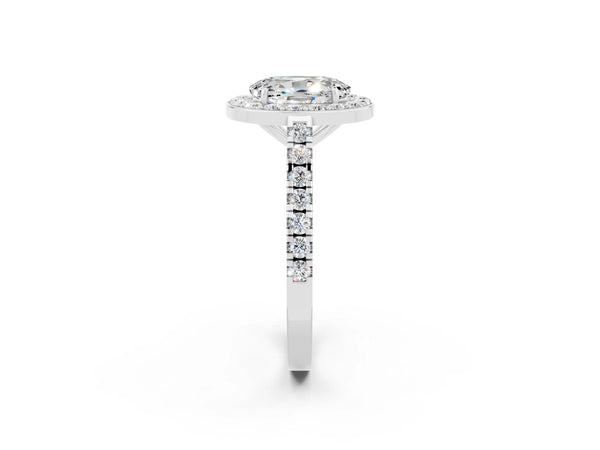 White gold Oval Cut Moissanite Halo Ring with Round Pavé Split Shank and Prong Setting