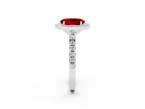 White gold Oval Cut Halo Diamond Ring with Pavé Band and Three-Prong Setting_14