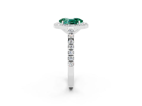 White gold Oval Cut Halo Diamond Ring with Pavé Band and Three-Prong Setting_14