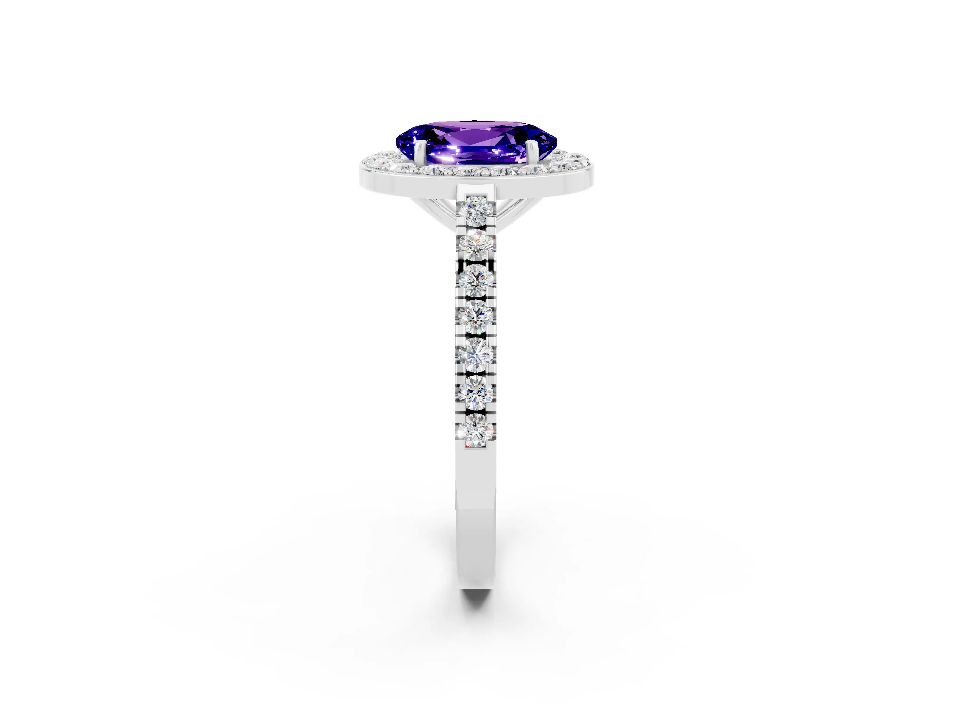 White gold Oval Cut Halo Diamond Ring with Pavé Band and Three-Prong Setting_14