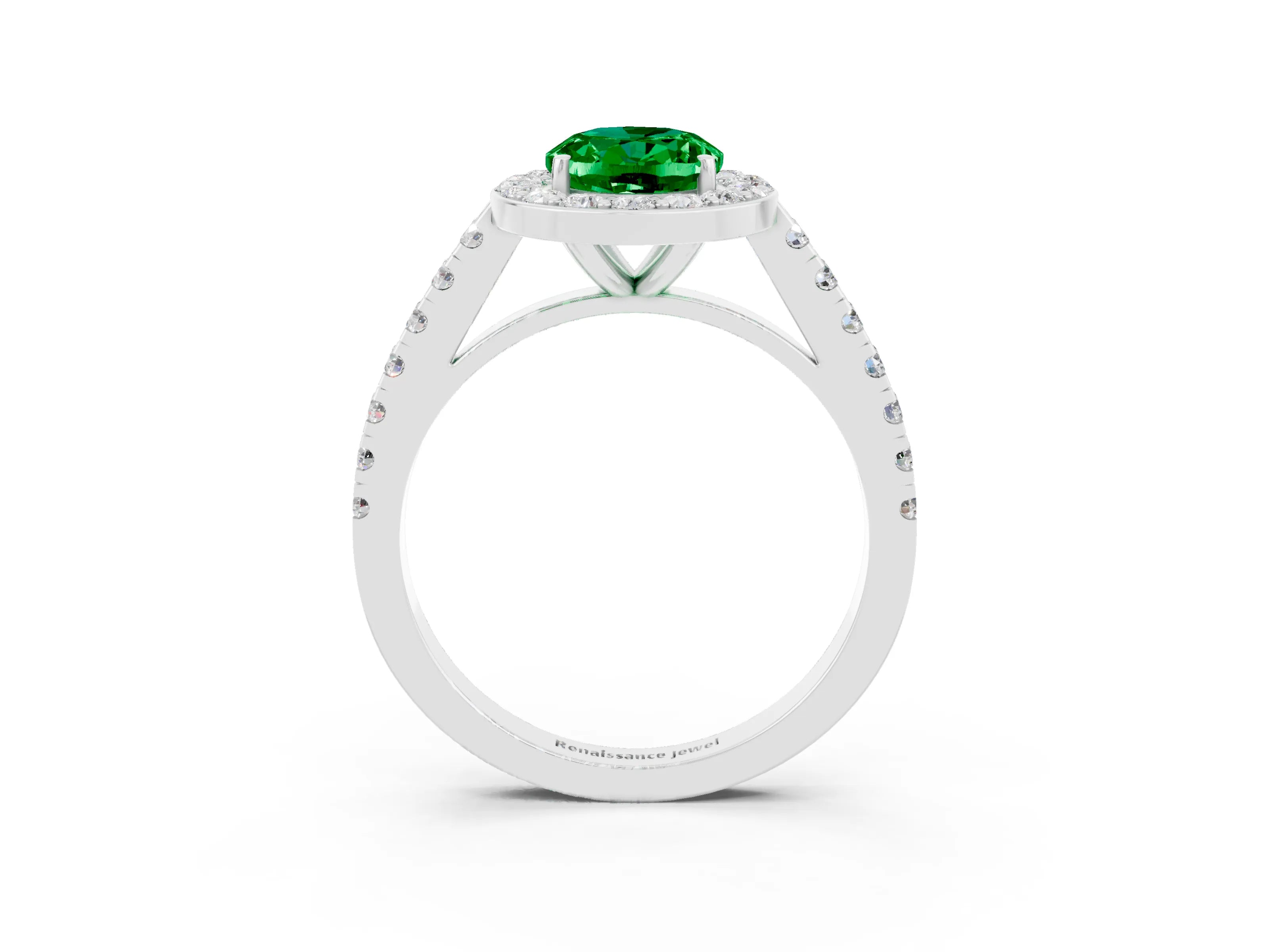 White gold Oval Cut Halo Diamond Ring with Pavé Band and Three-Prong Setting_15