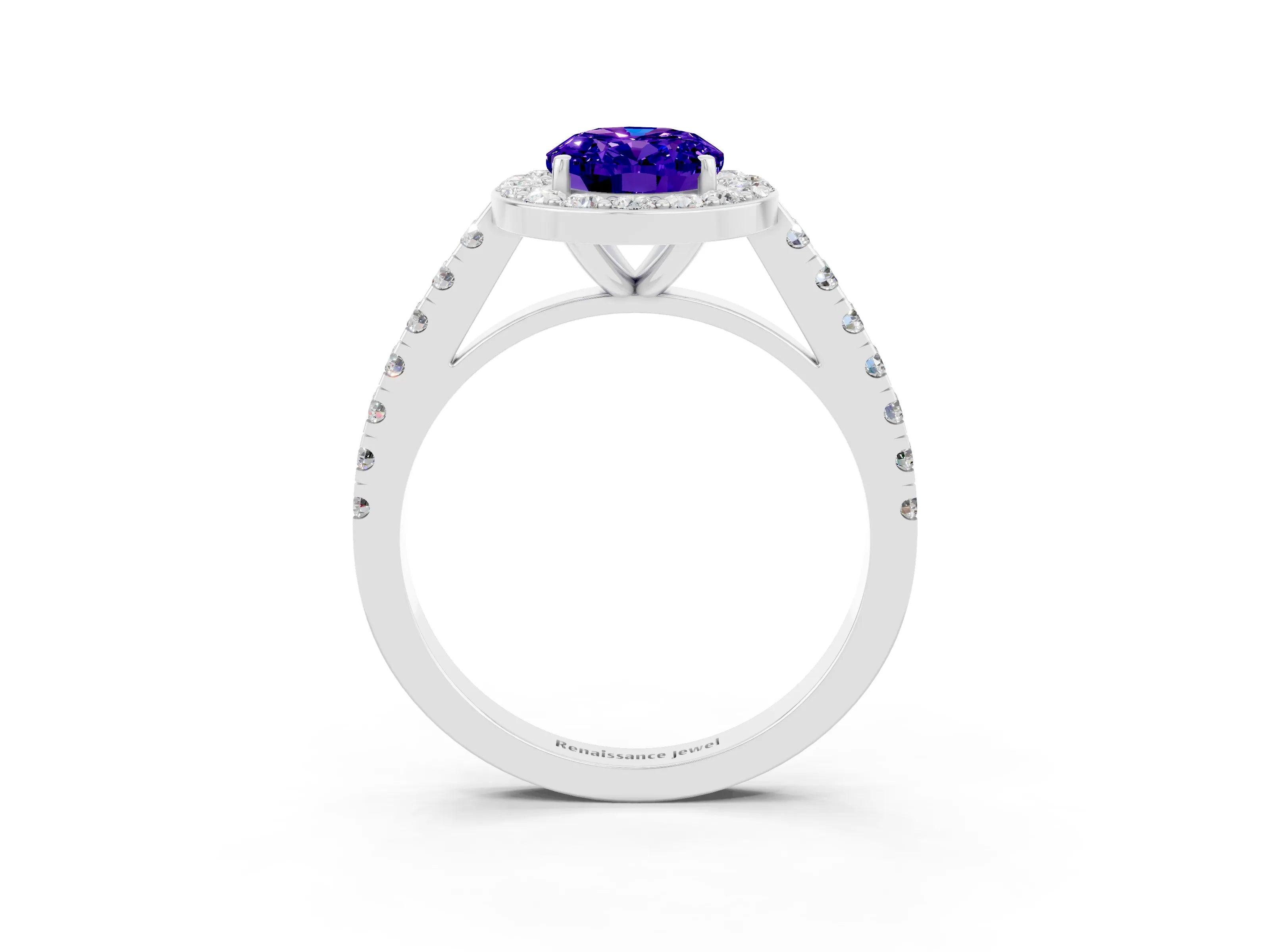 White gold Oval Cut Halo Diamond Ring with Pavé Band and Three-Prong Setting_15