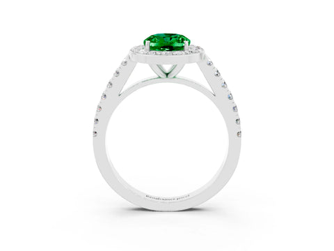 White gold Oval Cut Halo Diamond Ring with Pavé Band and Three-Prong Setting_15