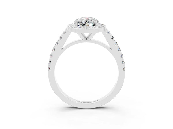 Platinum Oval Cut Moissanite Halo Ring with Round Pavé Split Shank and Prong Setting