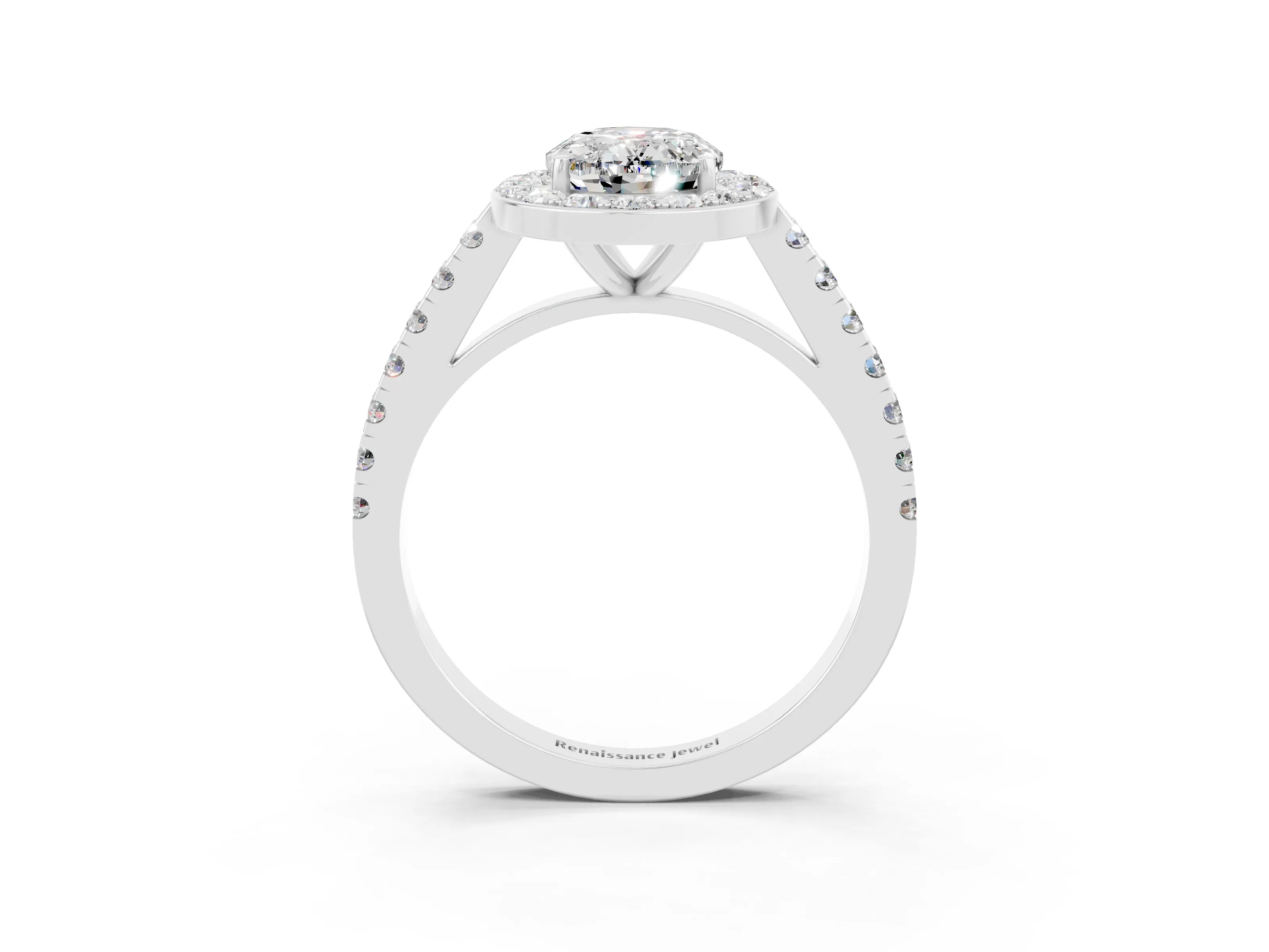 White gold Oval Cut Halo Diamond Ring with Pavé Band and Three-Prong Setting_15