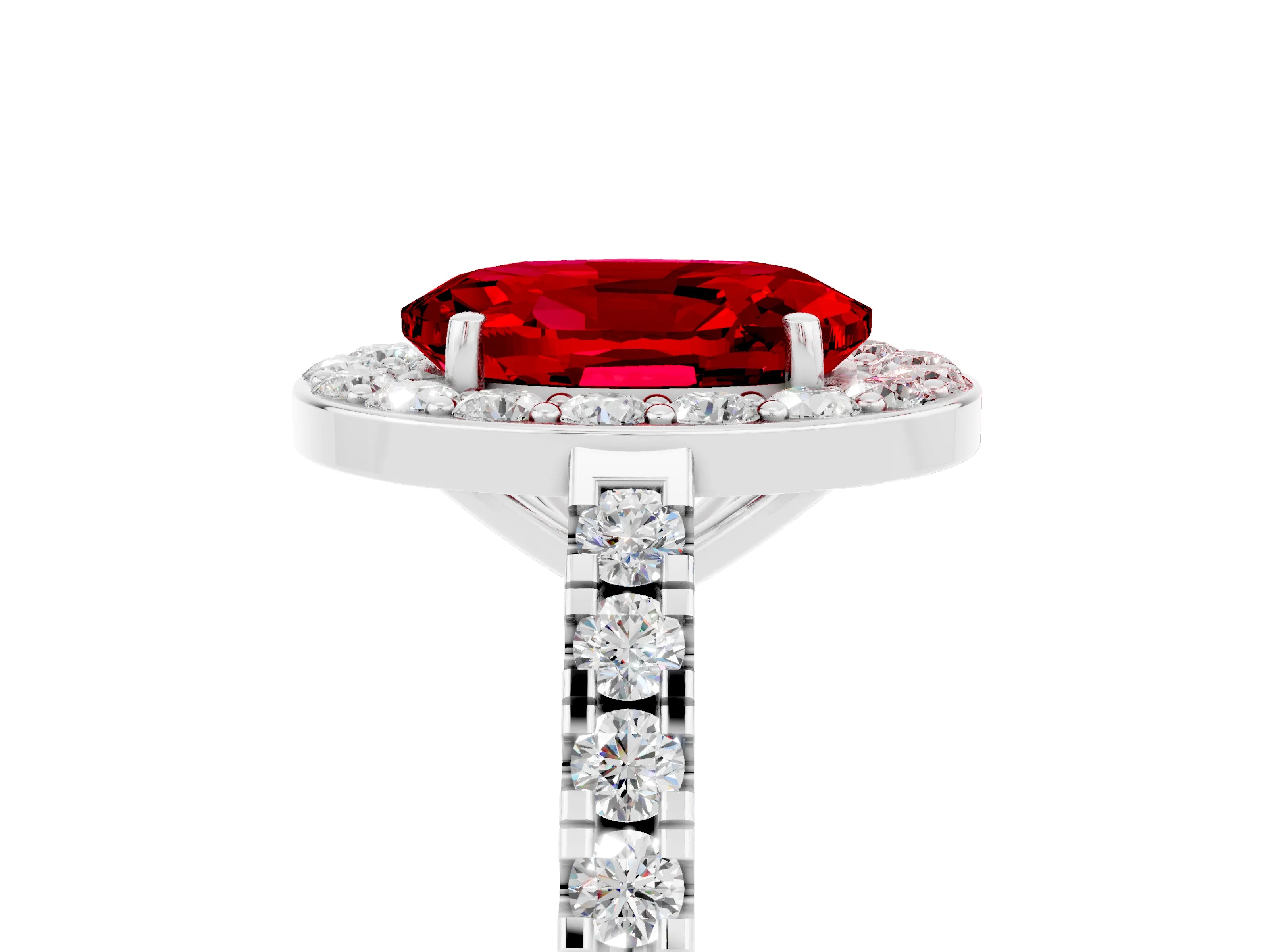 White gold Oval Cut Halo Diamond Ring with Pavé Band and Three-Prong Setting_15