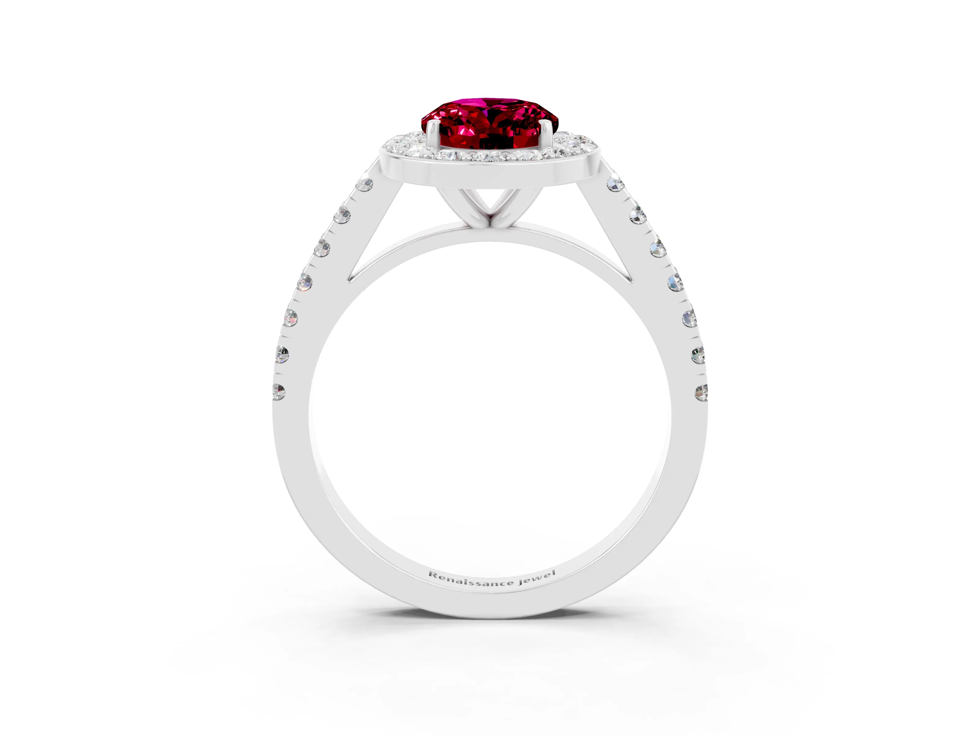 White gold Oval Cut Halo Diamond Ring with Pavé Band and Three-Prong Setting_15