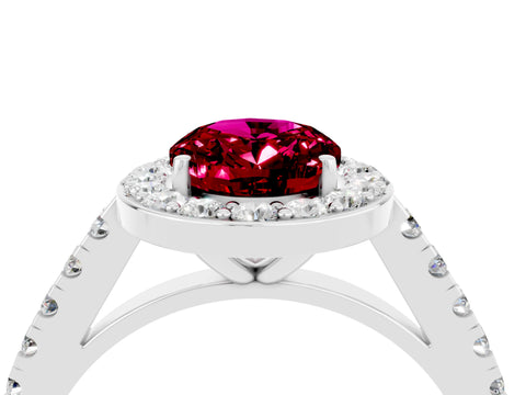 White gold Oval Cut Halo Diamond Ring with Pavé Band and Three-Prong Setting_16