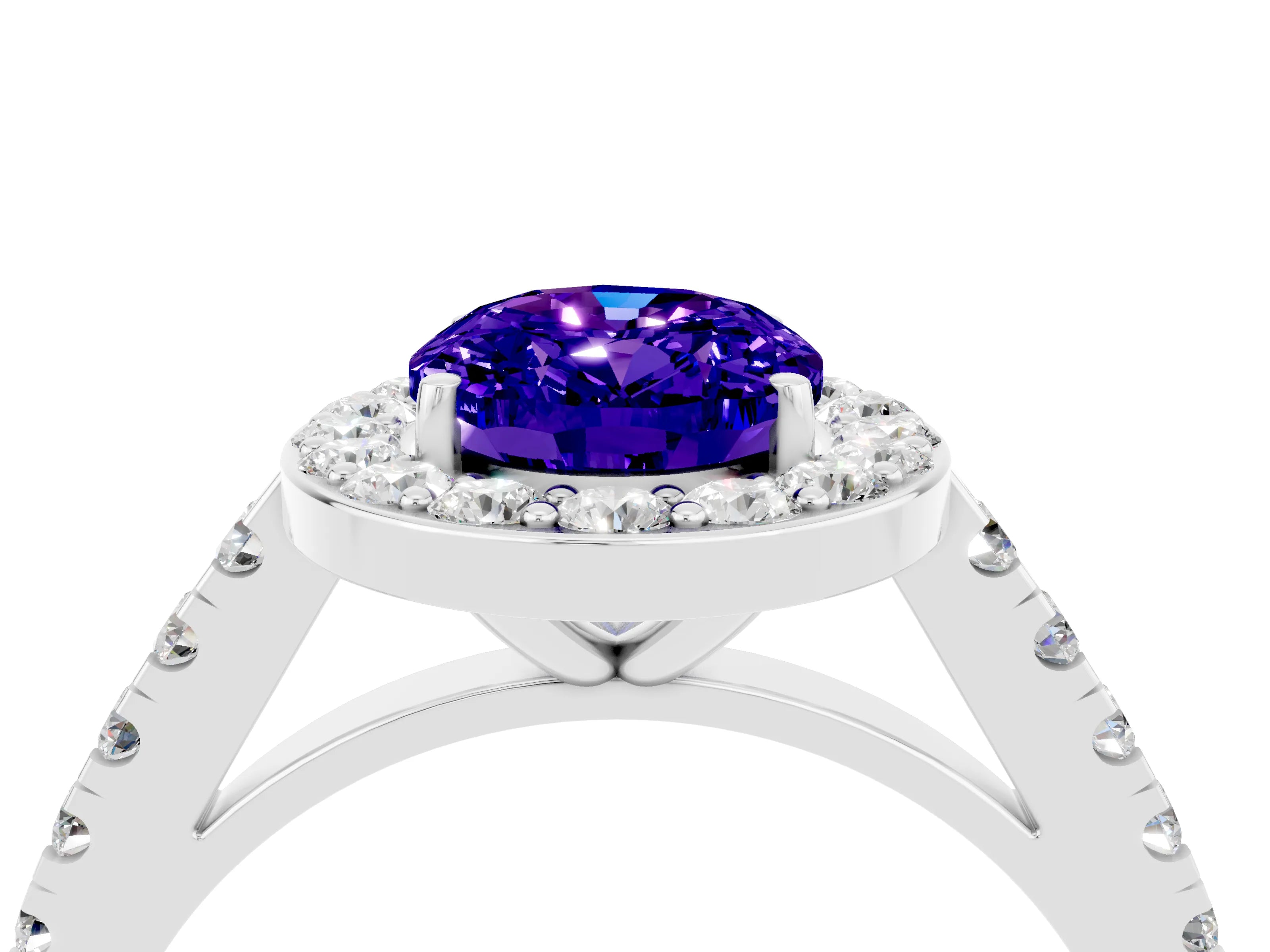 White gold Oval Cut Halo Diamond Ring with Pavé Band and Three-Prong Setting_16