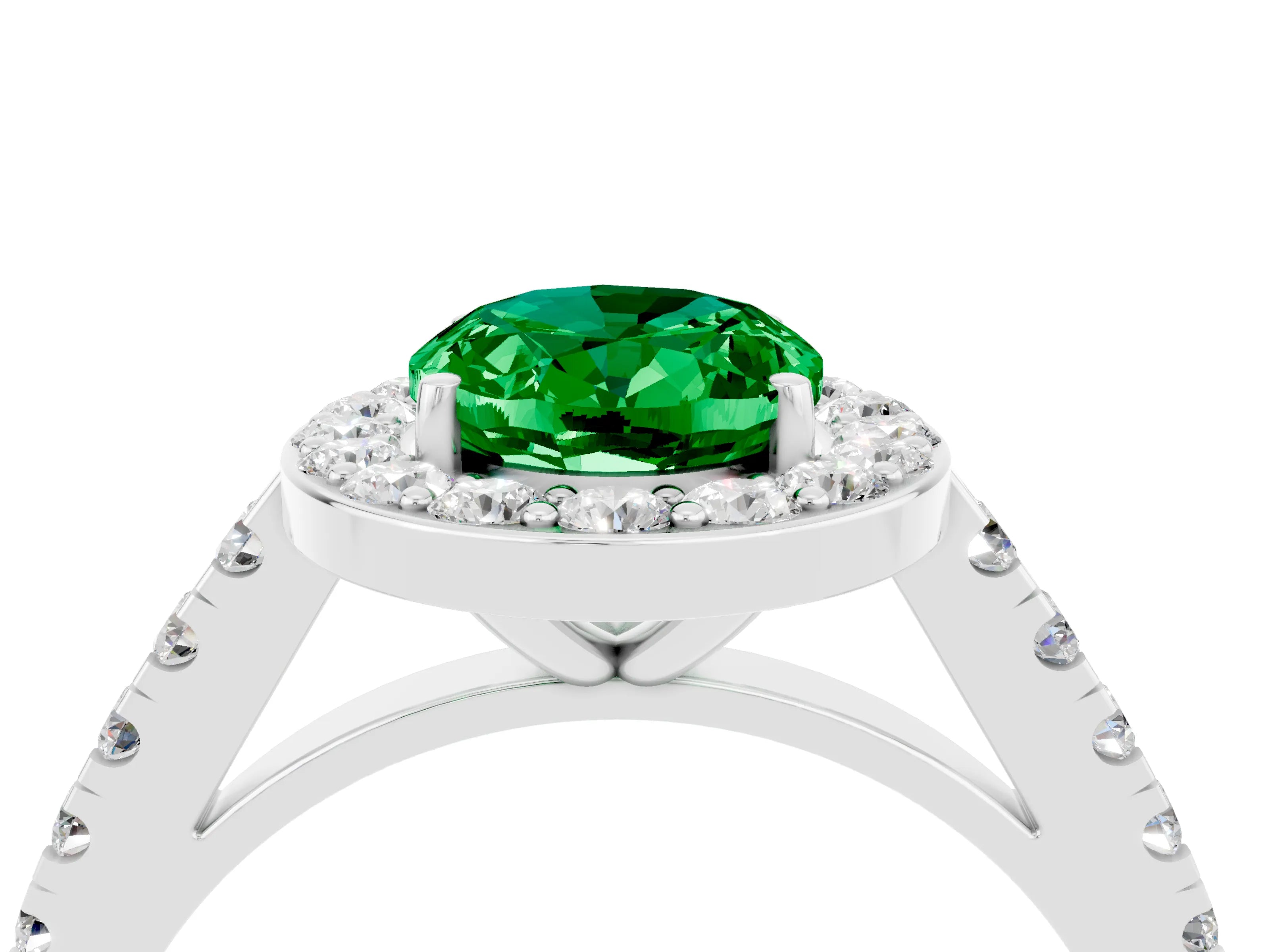 White gold Oval Cut Halo Diamond Ring with Pavé Band and Three-Prong Setting_16