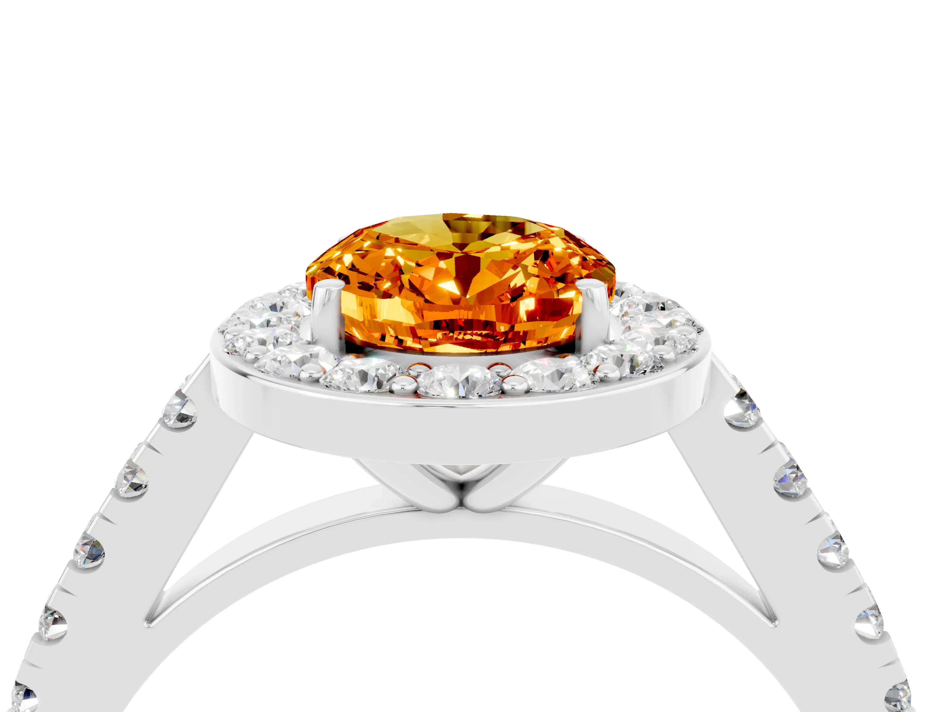 White gold Oval Cut Halo Diamond Ring with Pavé Band and Three-Prong Setting_16