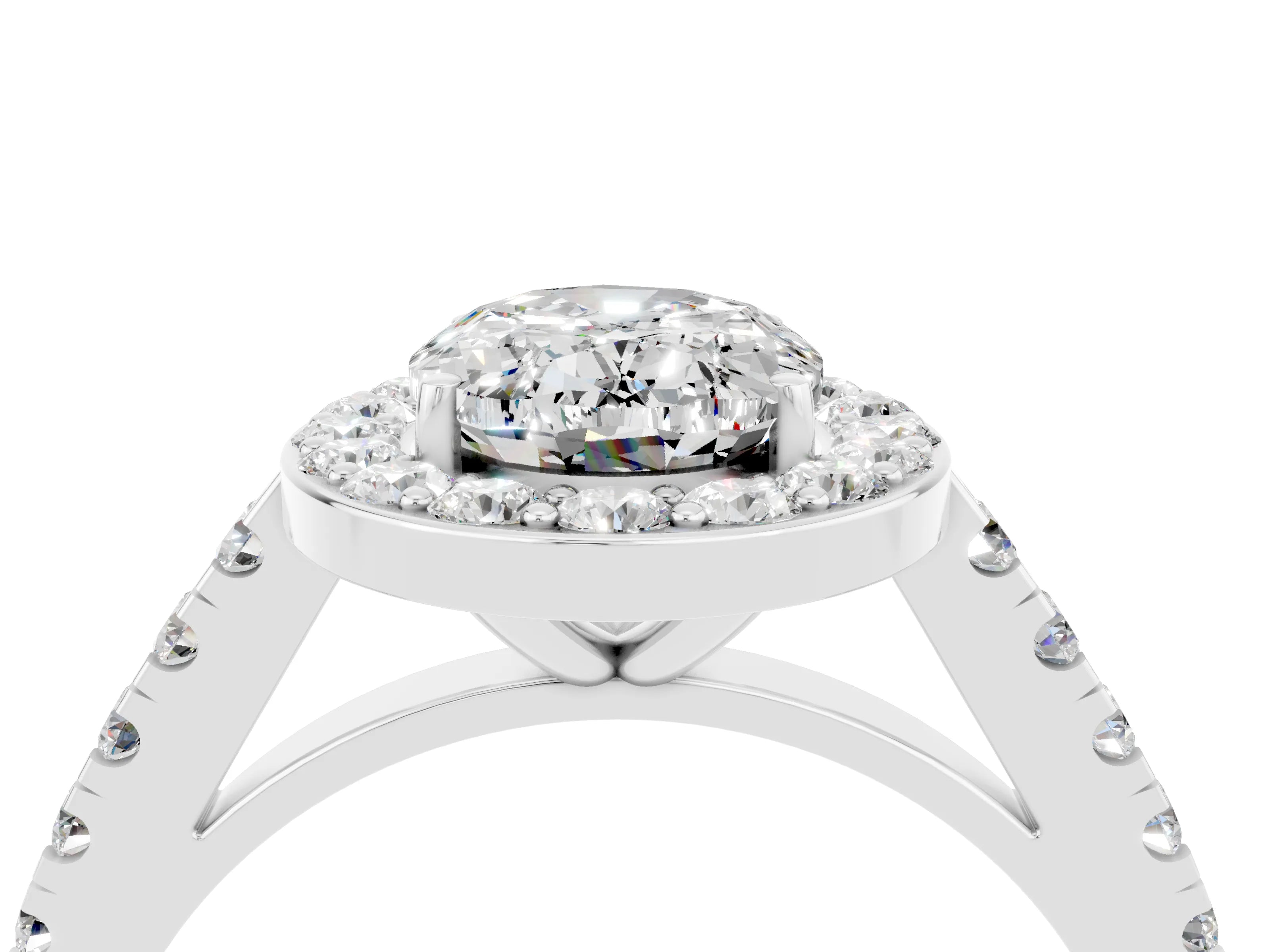 White gold Oval Cut Halo Diamond Ring with Pavé Band and Three-Prong Setting_16