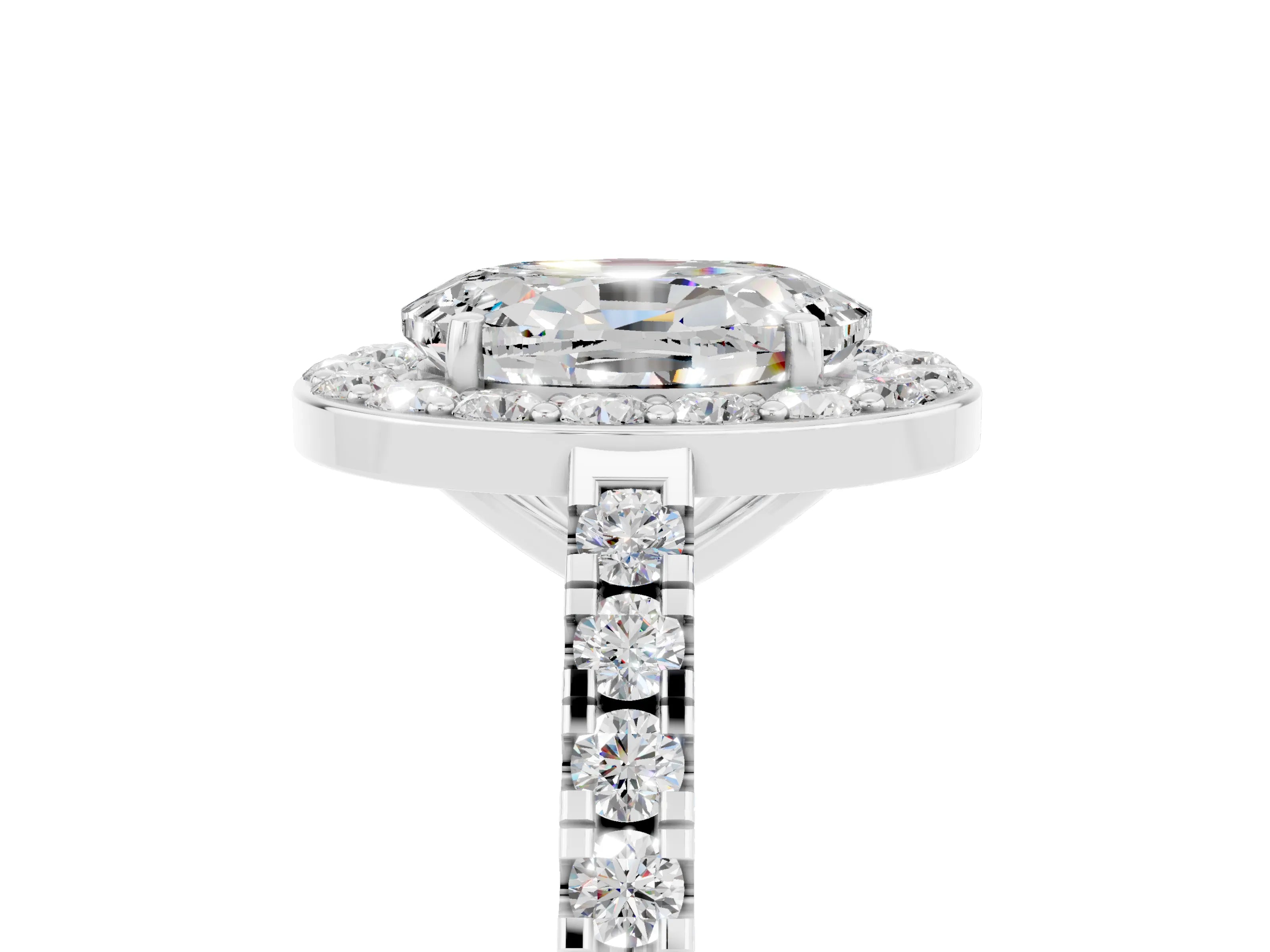 White gold Oval Cut Halo Diamond Ring with Pavé Band and Three-Prong Setting_17