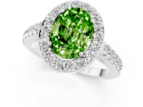 White gold Oval Cut Halo Diamond Ring with Pavé Band and Three-Prong Setting