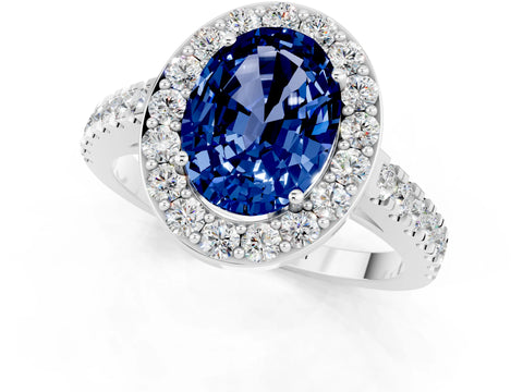 White gold Oval Cut Halo Diamond Ring with Pavé Band and Three-Prong Setting_1