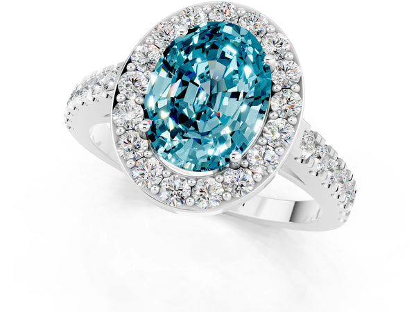Silver Oval Cut Halo Diamond Ring with Pavé Band and Three-Prong Setting