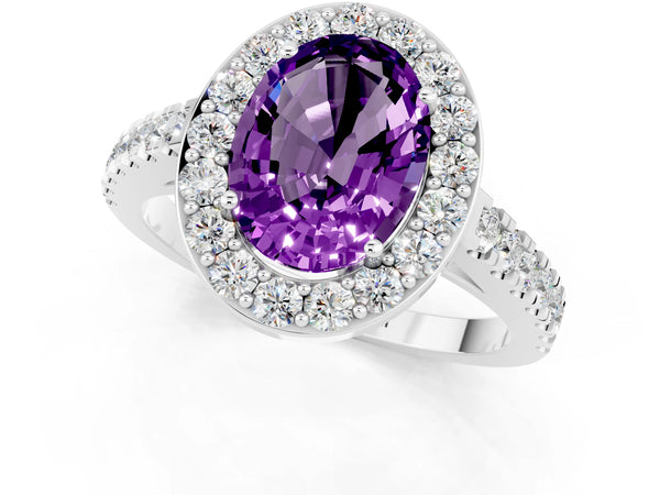 White gold Oval Cut Amethyst Halo Ring with Round Pavé Split Shank and Prong Setting