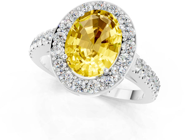 Silver Oval Cut Yellow Sapphire Halo Ring with Round Pavé Split Shank and Prong Setting