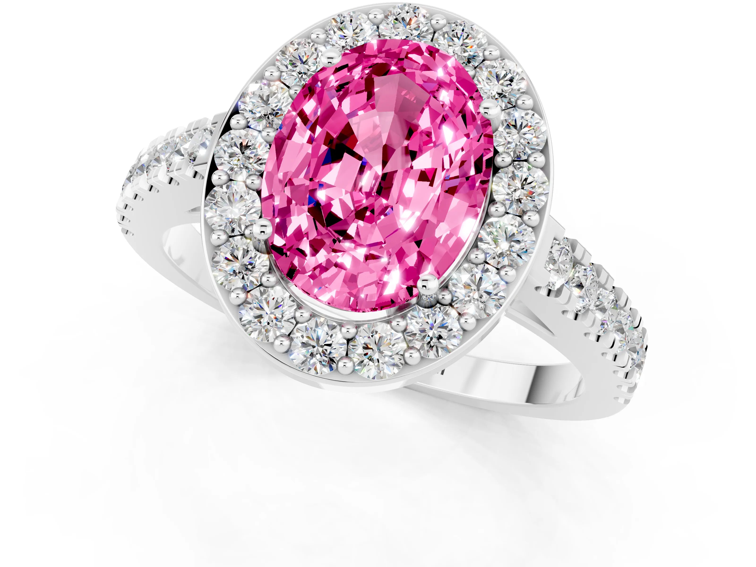 White gold Oval Cut Halo Diamond Ring with Pavé Band and Three-Prong Setting_1