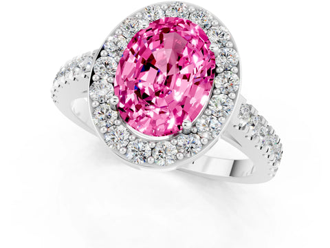 White gold Oval Cut Halo Diamond Ring with Pavé Band and Three-Prong Setting_1