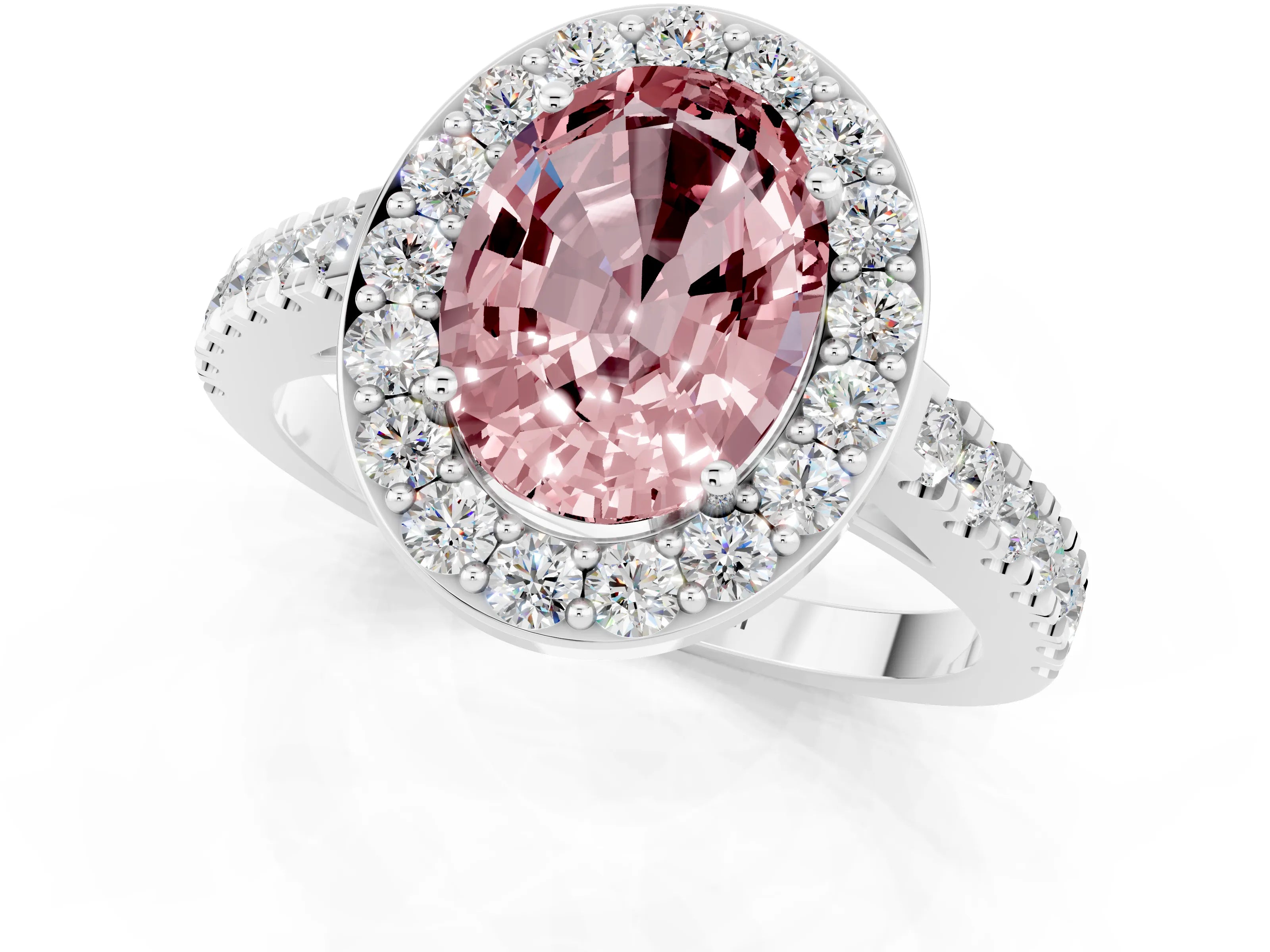 White gold Oval Cut Halo Diamond Ring with Pavé Band and Three-Prong Setting_1