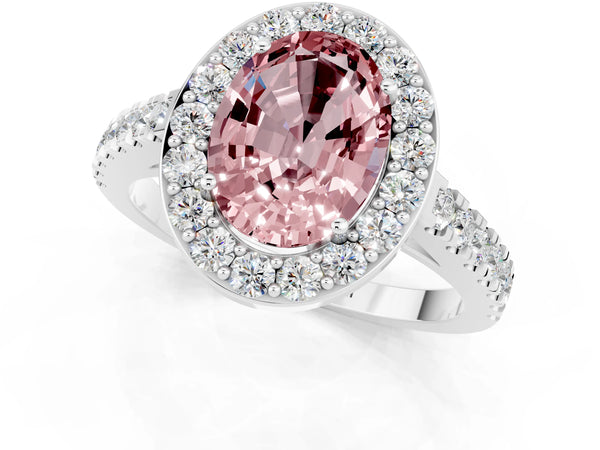 Silver Oval Cut Halo Diamond Ring with Pavé Band and Three-Prong Setting