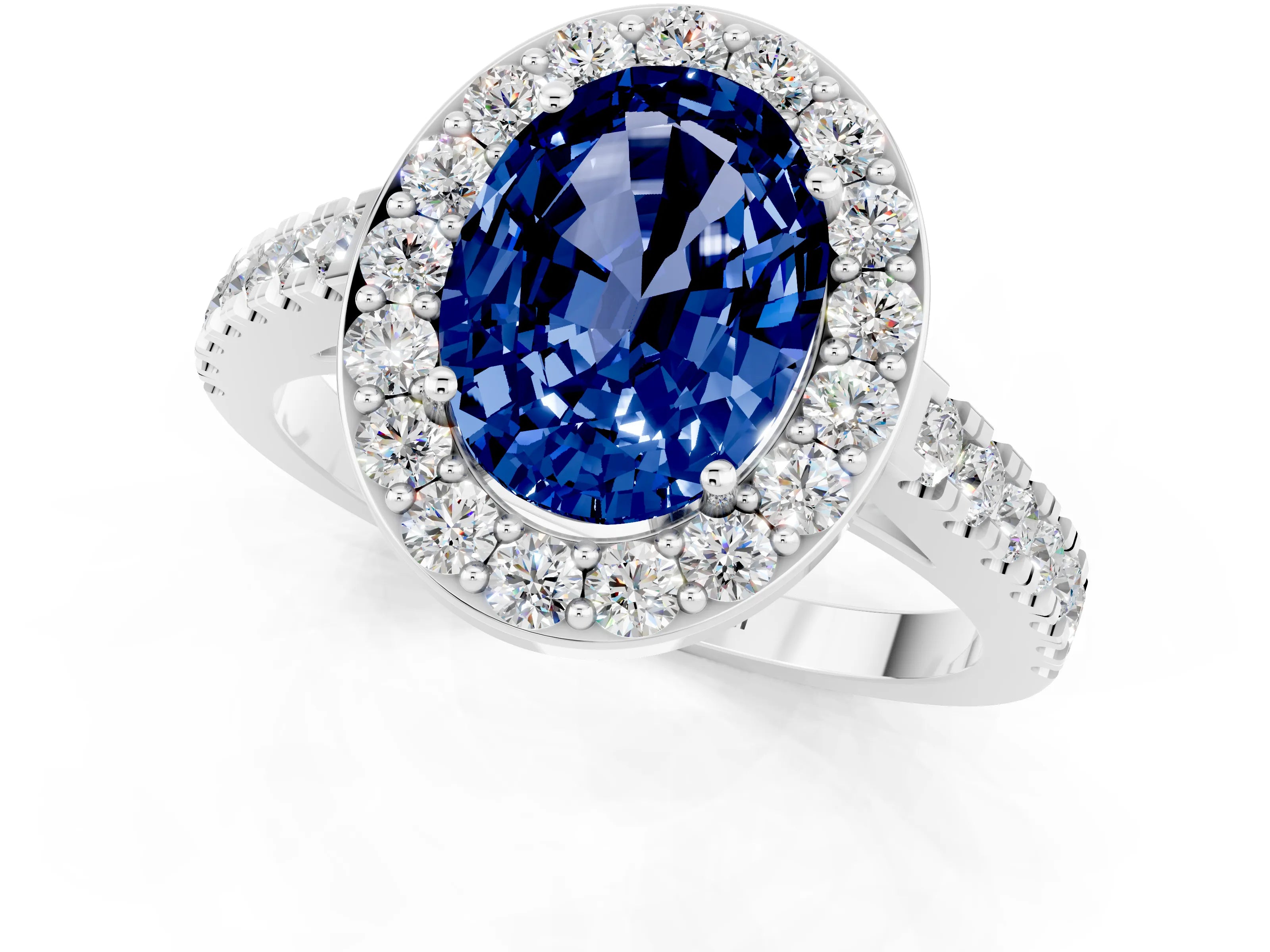 White gold Oval Cut Halo Diamond Ring with Pavé Band and Three-Prong Setting_1