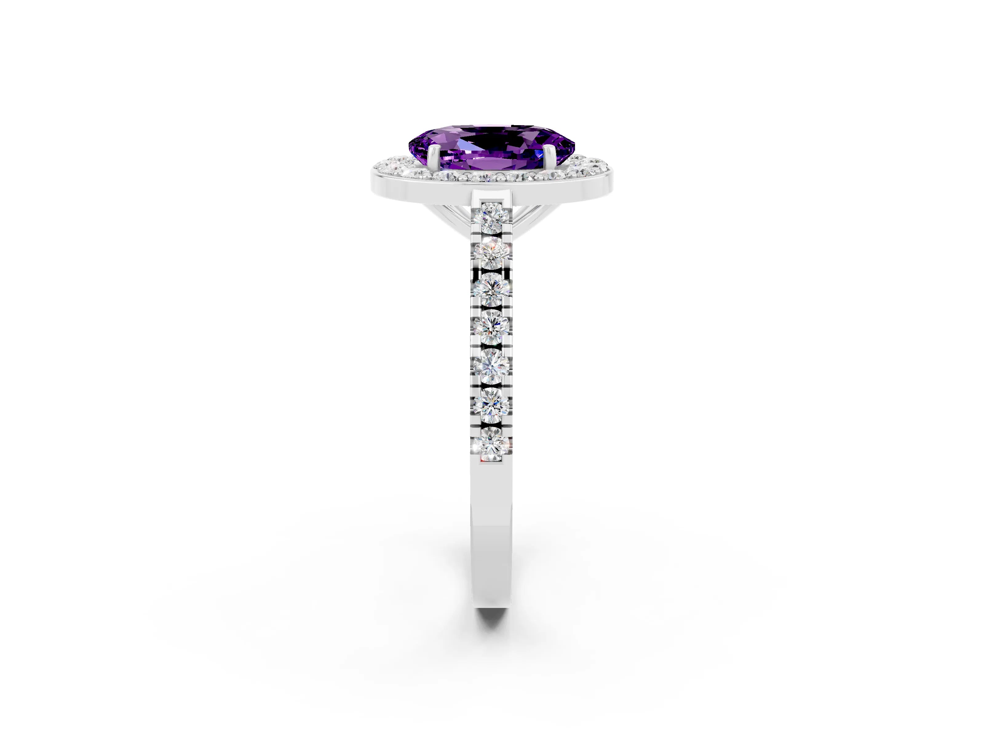 White gold Oval Cut Halo Diamond Ring with Pavé Band and Three-Prong Setting_2