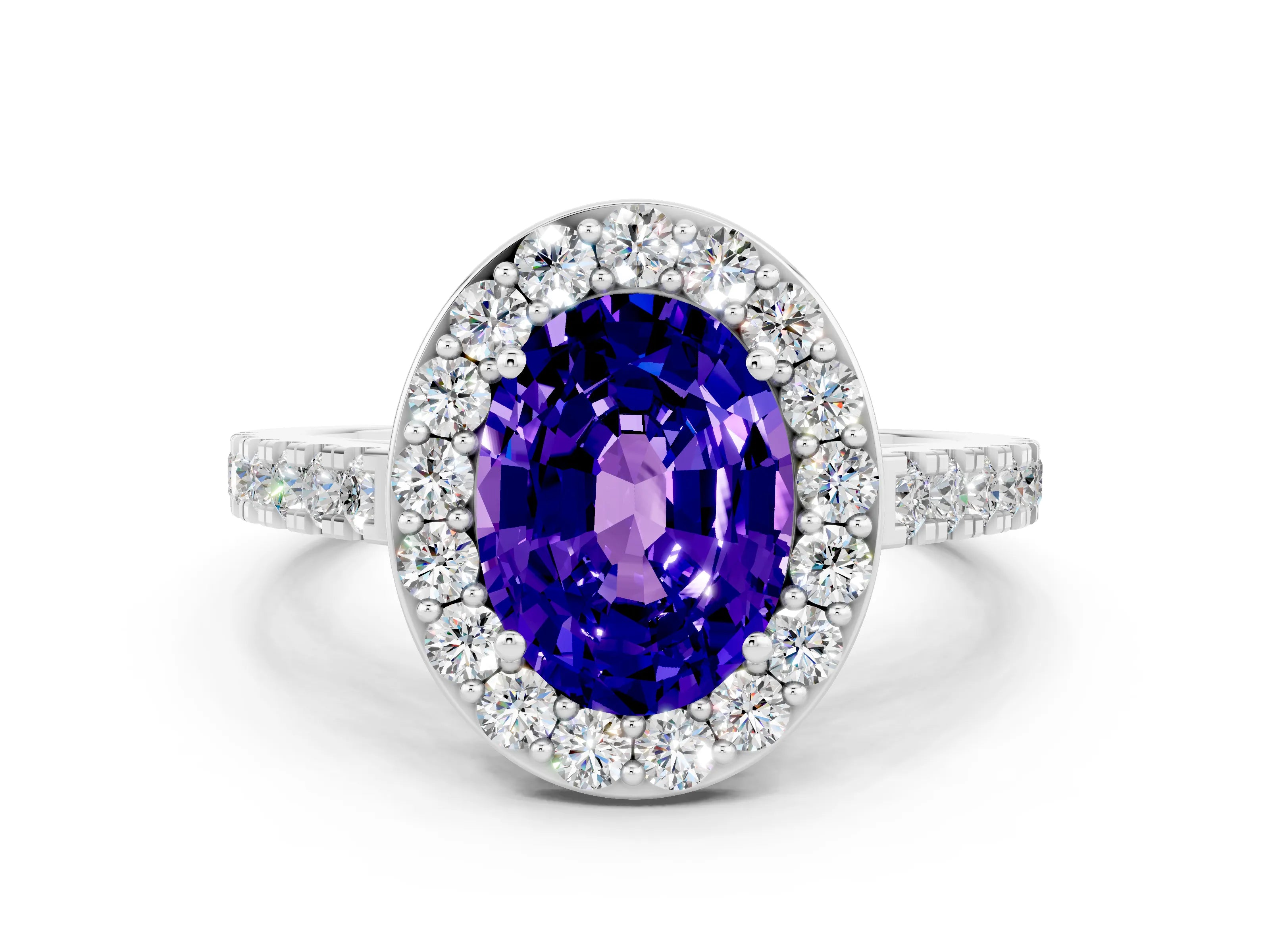 White gold Oval Cut Halo Diamond Ring with Pavé Band and Three-Prong Setting_20