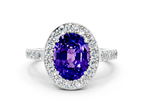 White gold Oval Cut Halo Diamond Ring with Pavé Band and Three-Prong Setting_20