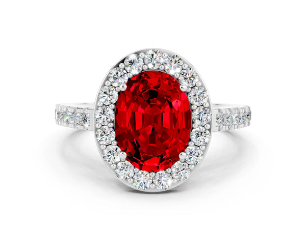 White gold Oval Cut Ruby Halo Ring with Round Pavé Split Shank and Prong Setting
