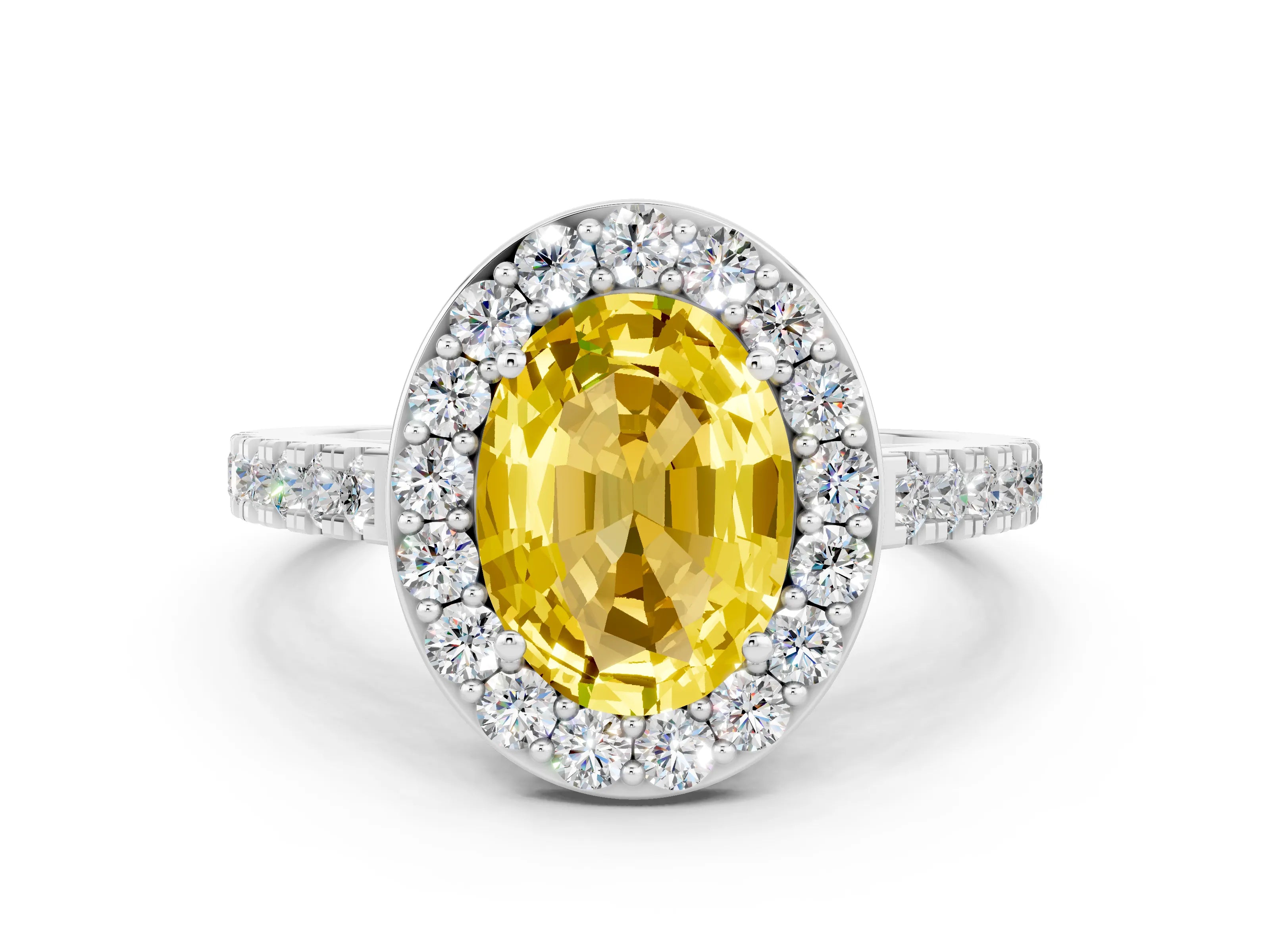 White gold Oval Cut Halo Diamond Ring with Pavé Band and Three-Prong Setting