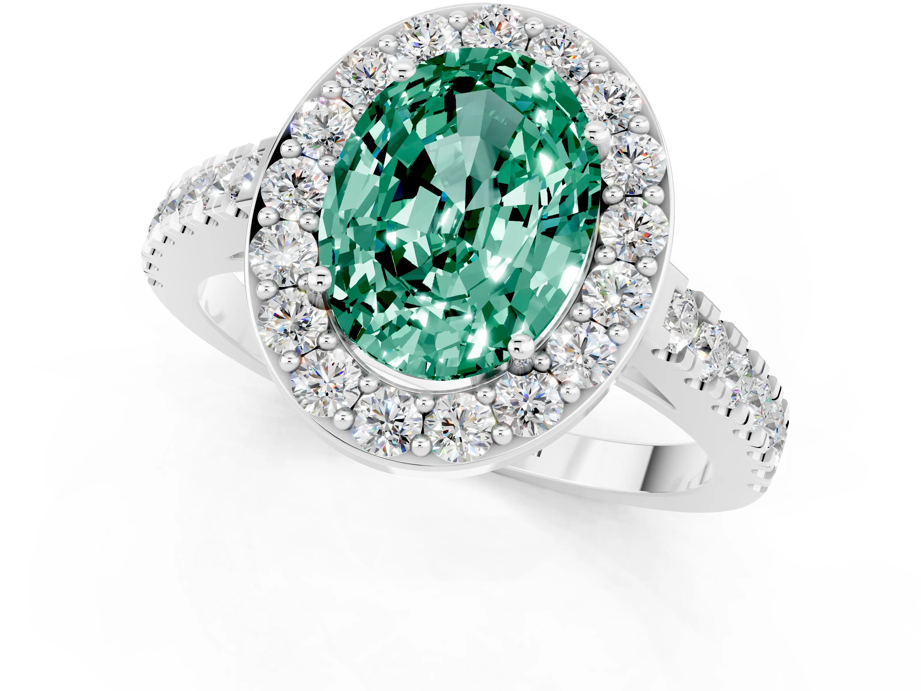 White gold Oval Cut Halo Diamond Ring with Pavé Band and Three-Prong Setting_22