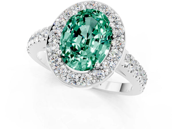 White gold Oval Cut Green Sapphire Halo Ring with Round Pavé Split Shank and Prong Setting